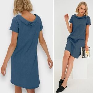 LE MUSE Story Linen A-line Collared Bow Back Mini Dress Chambray Blue Size XL